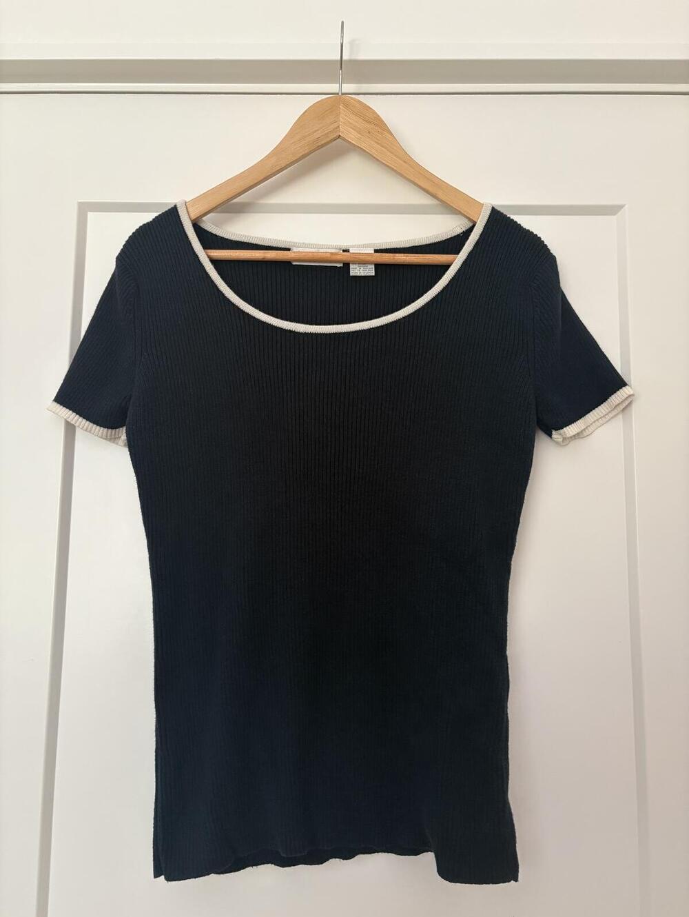 Vintage Liz Claiborne Collection Black Ribbed Knit Top Size Medium Cream Trim